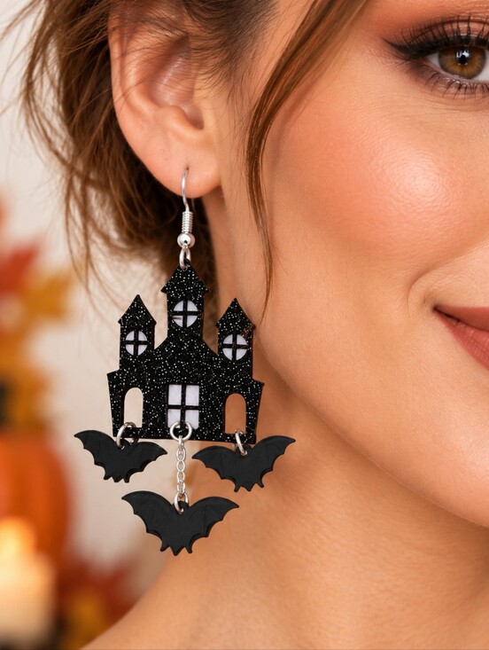 Modcloth Jewelry - MODCLOTH FABRIC GLITTER HAUNTED HOUSE EARRINGS